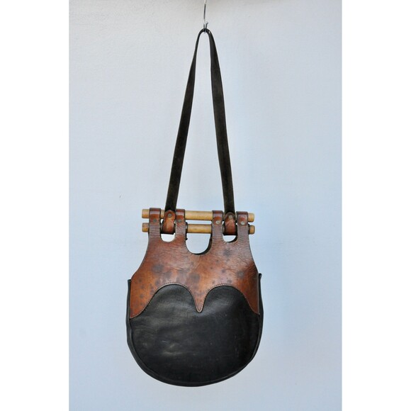 70s 2 Tones Brown & Black Leather Shoulder Bag Original Boho Gypsy Woodstock - Picture 4 of 10